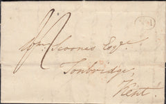 126518 1836 MOURNING LETTER CLIFTON, BRISTOL TO TONBRIDGE, KENT WITH 'BRISTOL/DATE/PY POST' HAND STAMP (BS150).
