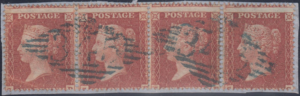 126536 1855 DIE 2 1D PL.13 L.C.16 (SG26) STRIP OF FOUR WITH IRISH '345' NUMERALS IN DARK BLUISH-BLACK.