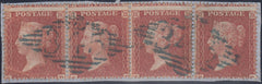 126536 1855 DIE 2 1D PL.13 L.C.16 (SG26) STRIP OF FOUR WITH IRISH '345' NUMERALS IN DARK BLUISH-BLACK.