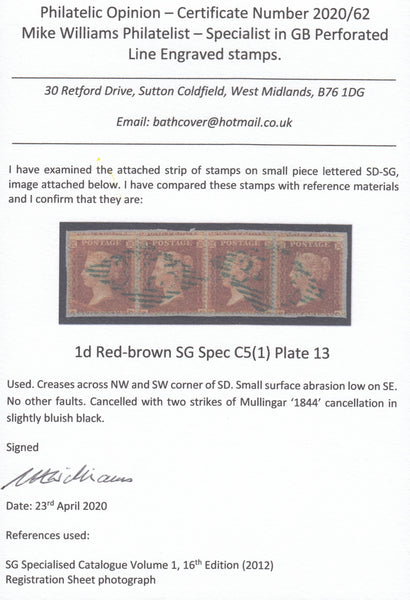 126536 1855 DIE 2 1D PL.13 L.C.16 (SG26) STRIP OF FOUR WITH IRISH '345' NUMERALS IN DARK BLUISH-BLACK.
