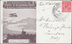 126542 1911 FIRST OFFICIAL U.K. AERIAL POST/LONDON ENVELOPE IN PURPLE-BROWN TO LONDON.