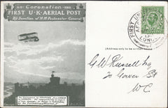 126546 1911 FIRST OFFICIAL U.K. AERIAL POST/LONDON POST CARD IN OLIVE-GREEN TO LONDON.