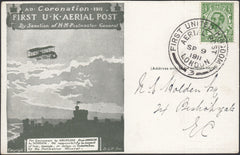 126547 1911 FIRST OFFICIAL U.K. AERIAL POST/LONDON POST CARD IN OLIVE-GREEN TO LONDON.