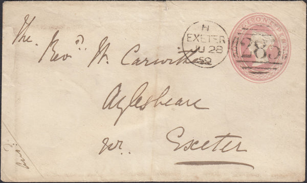 126584 1859 1D PINK ENVELOPE EXETER LOCAL USAGE WITH 'NEWTON.ST.CYRES' UDC.