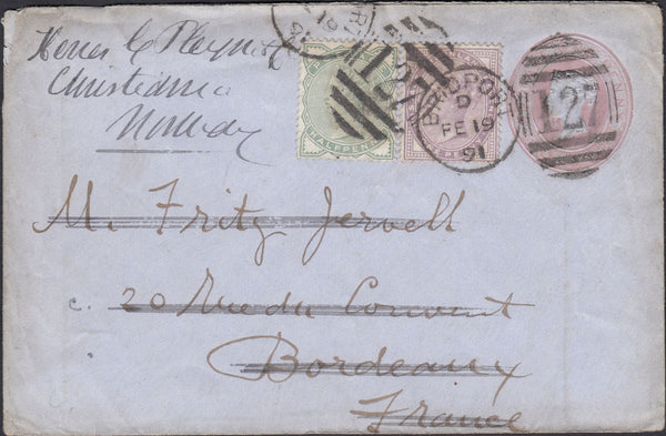 126603 1891 1D PINK UPRATED BRIDPORT, DORSET TO FRANCE, REDIRECTED TO NORWAY.