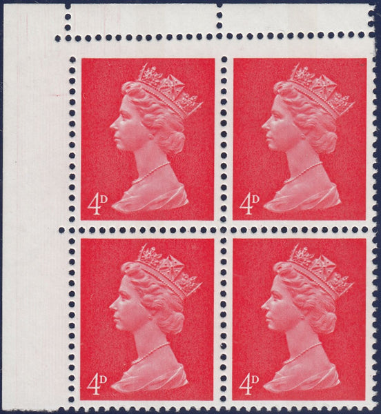 126620 1969 4D BRIGHT VERMILION (SG733) MISPERFORATION CORNER BLOCK OF FOUR.