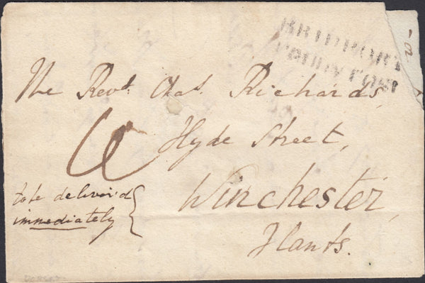 126641 UNDATED PART WRAPPER BRIDPORT, DORSET TO WINCHESTER WITH 'BRIDPORT/PENNY POST' HAND STAMP (DT118).