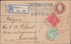 126650 1911 REGISTERED MAIL SHAFTESBURY TO LOUVAIN, BELGIUM WITH 'SHAFTESBURY/M.O AND S.B' DATE STAMPS.