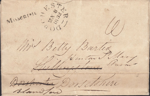 126670 1832 LEGACY DUTY DEPARTMENT, STAMP OFFICE LONDON LETTER TO DORSET WITH 'MISSENT TO' DORCHESTER HAND STAMP (DT254).