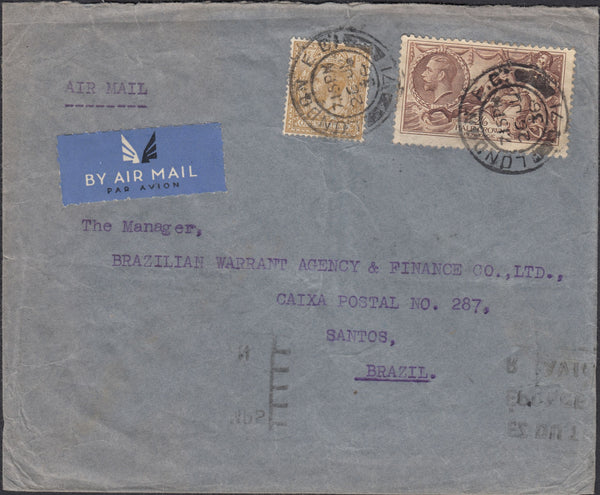126675 1936 AIR MAIL LONDON TO SANTOS, BRAZIL WITH 2/6 SEAHORSE (SG450).