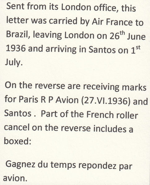 126675 1936 AIR MAIL LONDON TO SANTOS, BRAZIL WITH 2/6 SEAHORSE (SG450).