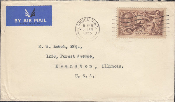 126677 1934 2/6 SEAHORSE (SG450) USED IN 1955 ON COVER LONDON TO USA.