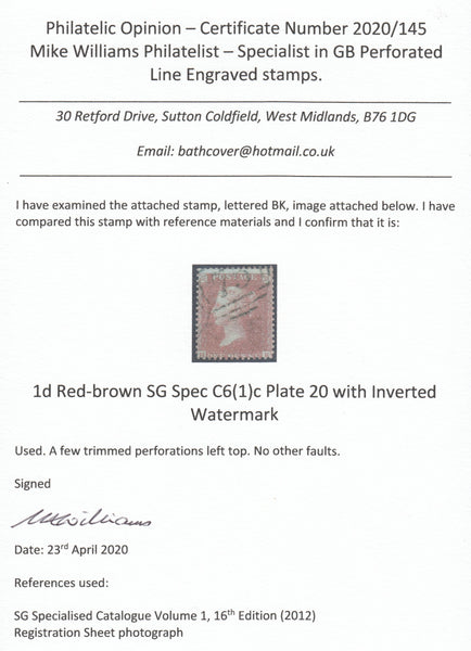 126683 1855 DIE 2 1D PL.20 L.C.14 WATERMARK INVERTED (SPEC C6c) LETTERED BK.