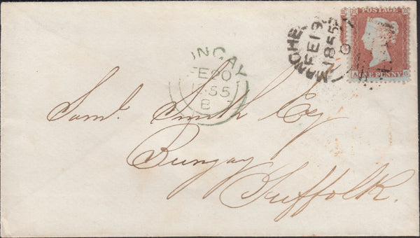 126687 1855 DIE 1 1D PL.198 S.C.14 (SG22) ON COVER MANCHESTER TO BUNGAY.