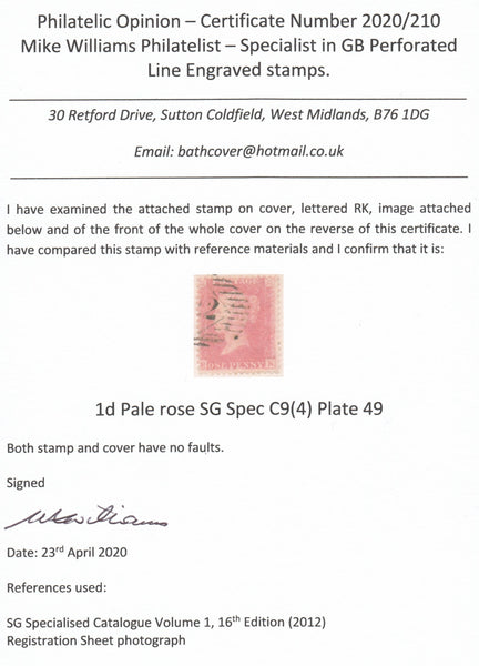 126751 1857 DIE 2 1D PL.49 PALE ROSE ON TRANSITIONAL PAPER (SPEC C9(4) ON COVER.