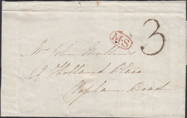 126771 1833 MAIL BROMPTON TO CLAPHAM ROAD, LONDON WITH OVAL 'M.S' MISSORTED HAND STAMP (L562b).