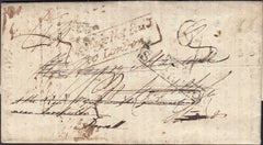 126775 1828 MAIL USED IN LONDON READDRESSED TO DORSET AND THEN RETURNED TO LONDON WITH VARIOUS HAND STAMPS INCLUDING 'POSTAGE NOT PAID/TO LONDON' (L273a).