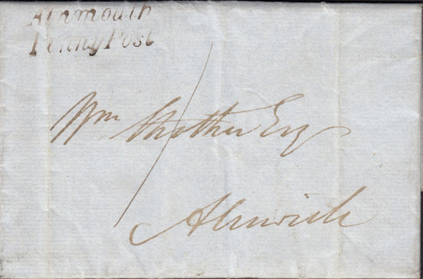 126793 1838 MAIL ALNWICK LOCAL USAGE WITH 'ALNMOUTH/PENNY POST' HAND STAMP (NR5).