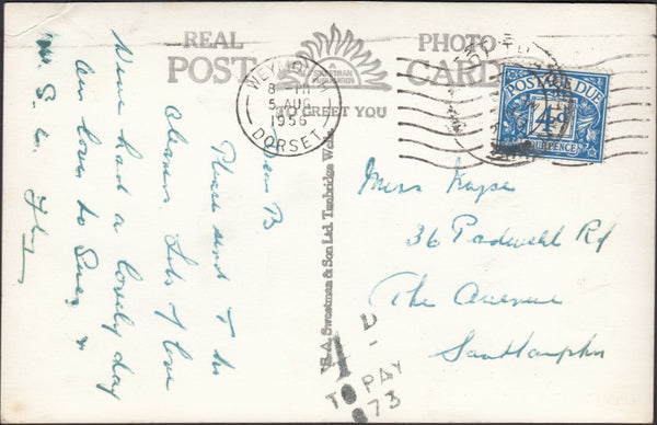 126958 1956 UNPAID MAIL WEYMOUTH TO SOUTHAMPTON WITH POSTAGE DUE.