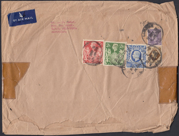 126970 1947 AIR MAIL LONDON TO AUSTRALIA WITH KGVI ISSUES INCL. 2/6 (SG476b), 5S(SG477) AND 10S ULTRAMARINE (SG478b).