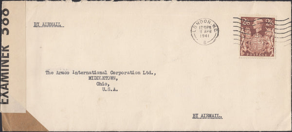 126971 1941 AIR MAIL LONDON TO OHIO, USA WITH 2/6 BROWN (SG476).