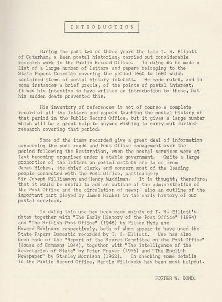 127010 'STATE PAPERS DOMESTIC CONCERNING THE POST OFFICE IN THE REIGN OF CHARLES II' BY T. H. ELLIOTT.