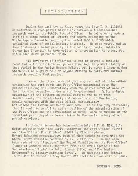 127010 'STATE PAPERS DOMESTIC CONCERNING THE POST OFFICE IN THE REIGN OF CHARLES II' BY T. H. ELLIOTT.