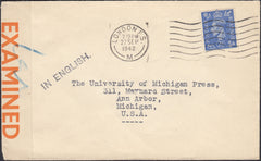 127089 1942 MAIL LONDON TO USA WITH CENSOR LABEL AND 'IN ENGLISH' HAND STAMP.