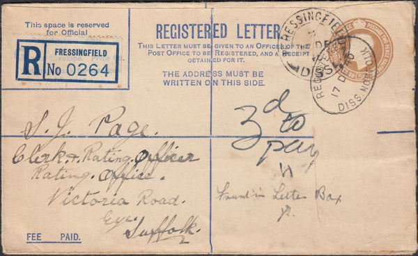 127238 1940 REGISTERED MAIL FRESSINGFIELD, SUFFOLK TO EYE 'FOUND IN LETTER BOX'.