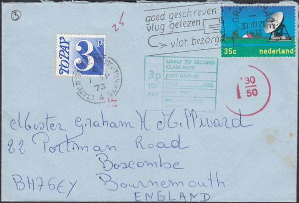 127253 1973 UNDERPAID MAIL HOLLAND TO BOURNEMOUTH WITH 'STATION S.O BOURNEMOUTH HANTS/4' DATE STAMP.