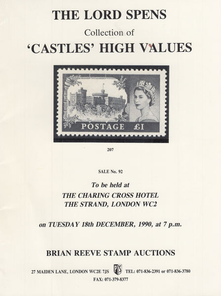 127310 'THE LORD SPENS COLLECTION OF 'CASTLES' HIGH VALUES' BRIAN REEVE AUCTION 1990.