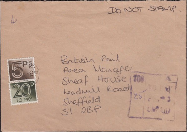 128005 1986 UNPAID MAIL USED IN SHEFFIELD.