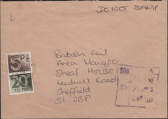 128005 1986 UNPAID MAIL USED IN SHEFFIELD.