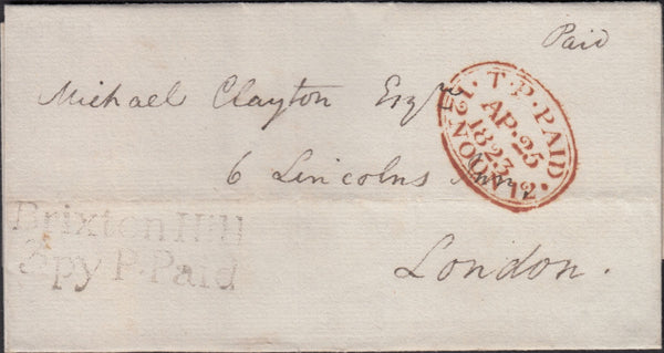 128059 1823 MAIL USED IN LONDON WITH 'BRIXTON HILL/3PY P.PAID' RECEIVER'S HAND STAMP (L508).