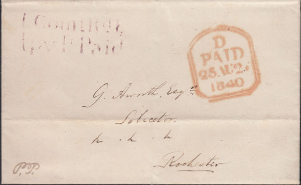 128063 1840 MAIL LONDON TO ROCHESTER WITH 'STEPNEY' HAND STAMP (L86) AND '1 COML RD3/1PY P.PAID' LONDON RECEIVER'S HAND STAMP IN MAUVE (L506d).