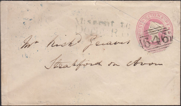 128071 1849 1D PINK ENVELOPE RIPON, NORTH YORKS TO STRATFORD ON AVON, MISSENT WITH 'MISSENT TO/DERBY R.O' HAND STAMP (DY165).