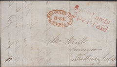128085 1829 MAIL USED IN LONDON WITH 'BGE ST LAMBH./3PY P.PAID' LONDON RECEIVERS HAND STAMP IN RED (L508a).