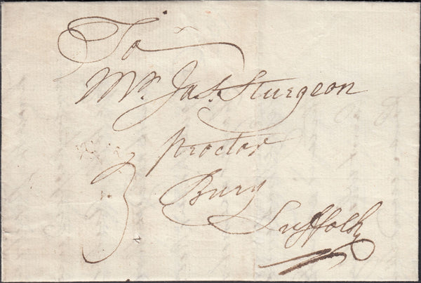 128110 1779 'V' LONDON GENERAL POST RECEIVER'S HAND STAMP OF WILLIAM VENABLES ON LETTER LONDON TO BURY, SUFFOLK.