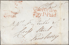 128154 1836 MAIL USED IN LONDON WITH 'CHIEF OFFICE/2PY P.PAID' HAND STAMP IN RED (L507a).