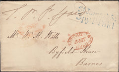 128162 1834 MAIL ST JAMES'S STREET, LONDON TO BARNES WITH 'ST JAMES'S ST/3PY P.PAID' RECEIVERS HAND STAMP IN BLUE (L507b).