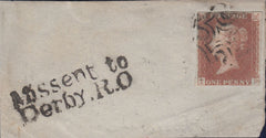 128168 CIRCA 1842 SMALL PIECE WITH 1D (SG8)(TD) AND 'MISSENT TO/DERBY.R.O' HAND STAMP (DY165).
