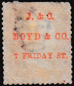 128190 1875 1D PL.185 (SG43) 'J. AND C. BOYD AND CO. 7 FRIDAY ST.' OFFICIAL UNDERPRINT (SPEC PP14).