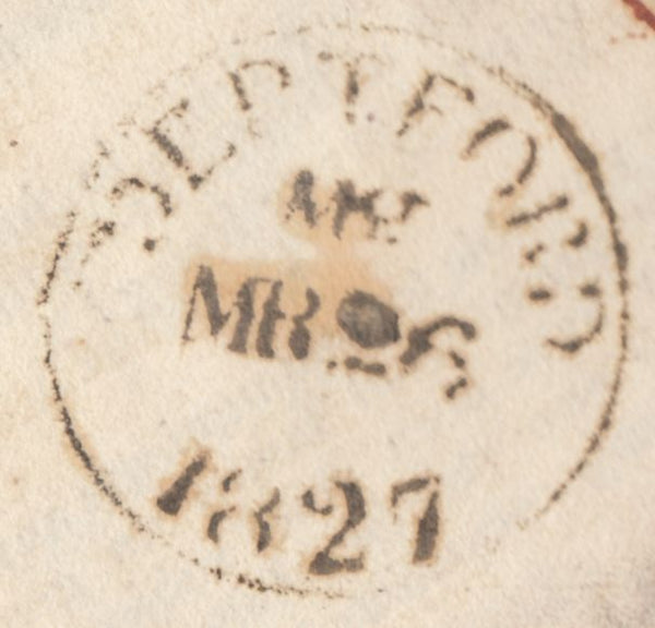 128287 1827 MAIL DEPTFORD TO BLACKFRIARS WITH 'DEPTFORD/MG' LONDON COUNTRY SORTING OFFICE DATE STAMP IN BLACK (L521).