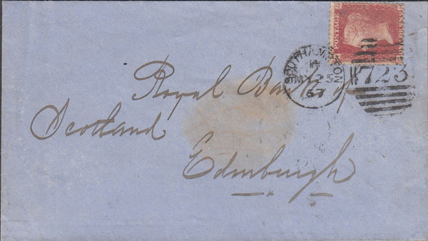 128309 1867 MAIL SOUTHAMPTON TO EDINBURGH WITH 'SOUTHAMPTON/723' FIVE BAR DUPLEX.