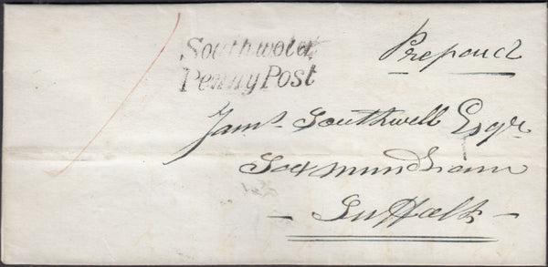 128323 1843 MAIL SOUTHWOLD, SUFFOLK TO SAXMUNDHAM WITH 'SOUTHWOLD/PENNY POST' HAND STAMP (SK311).