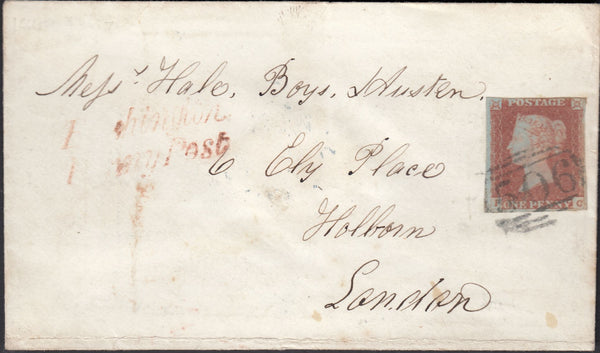 128332 1849 MAIL MARGATE, KENT TO LONDON WITH 'BIRCHINGTON/PENNY POST' HAND STAMP (KT83).