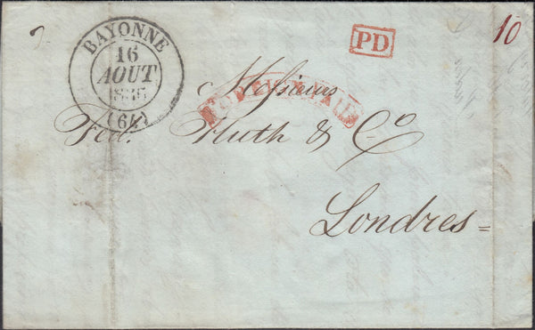 128343 1836 MAIL SANTANDER (SPAIN) TO LONDON WITH 'FOREIGN PAID' HAND STAMP (L1074).