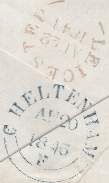 128358 1843 MAIL CHELTENHAM TO LEICESTER WITH 'NO.1' RECEIVERS HAND STAMP.