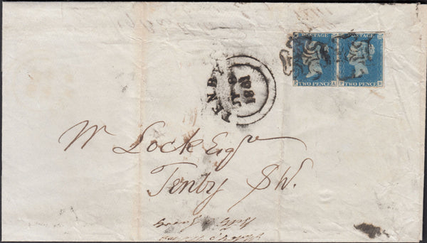 128419 1841 MAIL LONDON TO TENBY WITH PAIR 2D BLUE PL.2 (SG5) (PA PB).