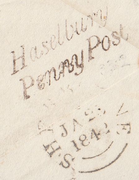 128446 1842 LARGE PIECE WITH 1D (SG8) AND 'HASELBURY/PENNY POST' HAND STAMP (SO528).